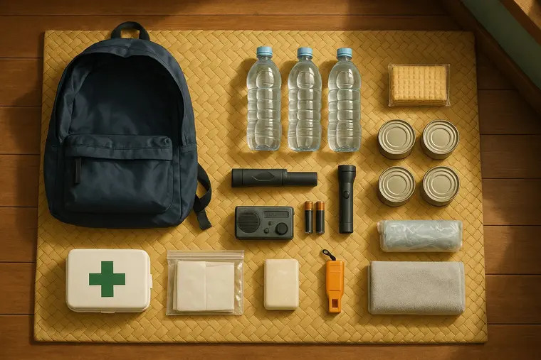A go bag's contents laid out on a woven banig: a dark backpack, bottled water, food tins, crackers, a torch, batteries, a small radio, a whistle, a first aid box, papers in a plastic pouch, a raincoat, a towel and soap.