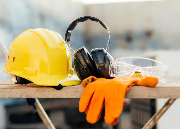A yellow hard hat, black ear defenders, clear goggles and orange gloves on a wooden bench.